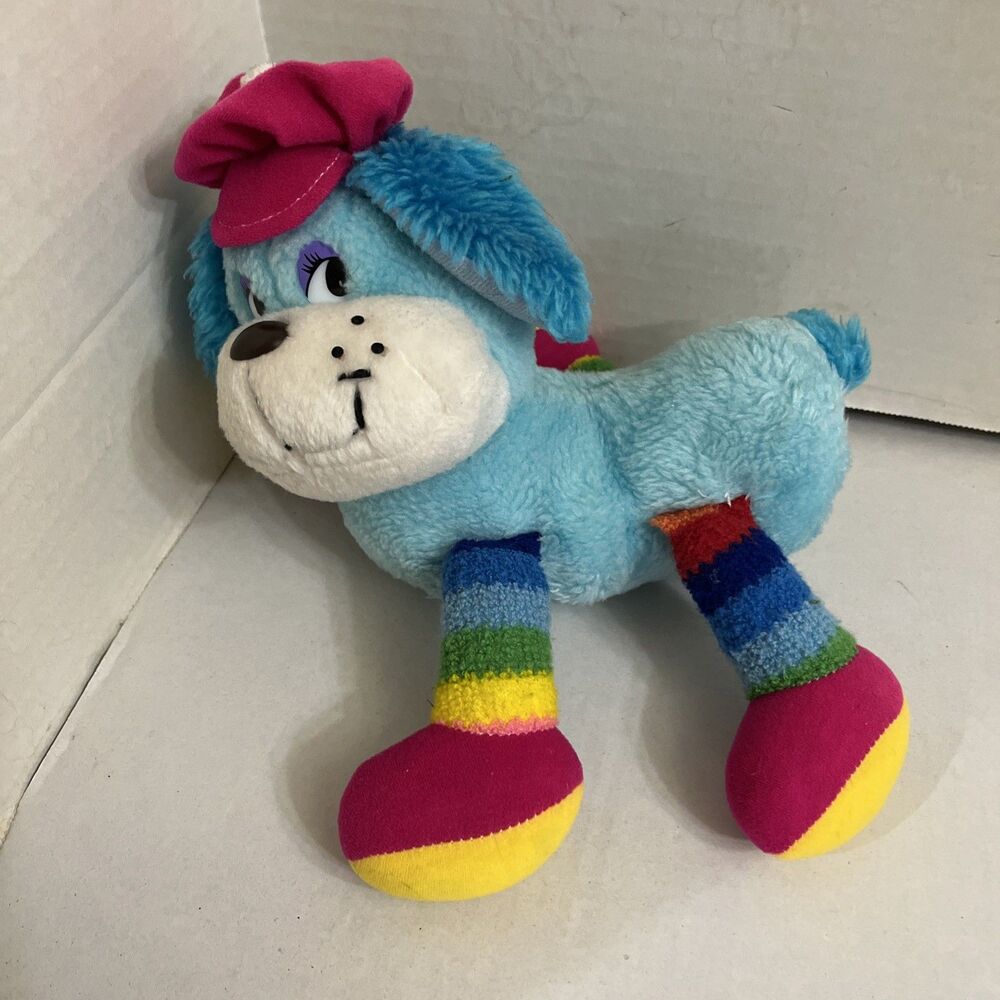 Vintage 1980s Mty Blue Puppy Dog Plush Rainbow Legs Pink Cap Stuffed Animal
